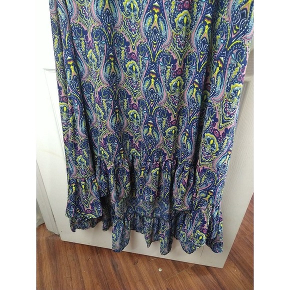 Reborn Blue Semi Sheer Paisley Plunge Ruffle Cap Sleeve Dress. Size XL - Picture 3 of 11